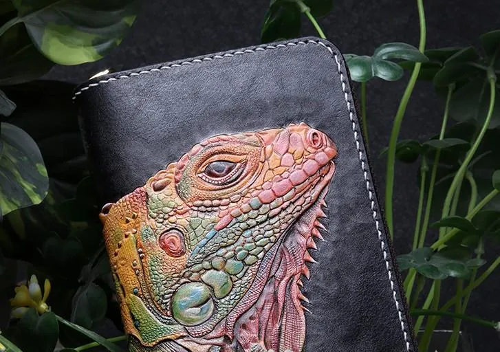 Handmade Leather Chameleon Mens Chain Zipper Biker Wallet Cool Leather Wallet Long Phone Wallets for Men