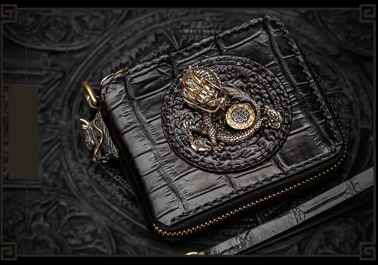 Handmade Leather Chinese Dragon Tooled Mens billfold Wallet Cool Chain Wallet Biker Wallet for Men