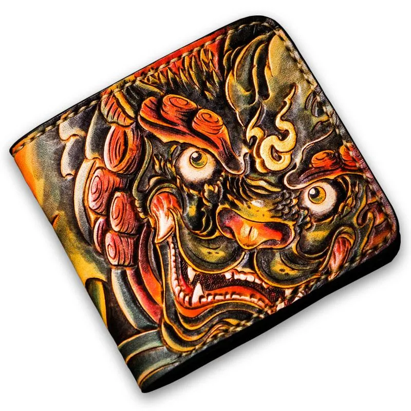 Handmade Leather Chinese Lion Tooled Mens Small Wallet Cool Leather Wallet billfold Wallet for Men