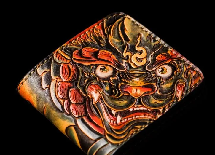 Handmade Leather Chinese Lion Tooled Mens Small Wallet Cool Leather Wallet billfold Wallet for Men