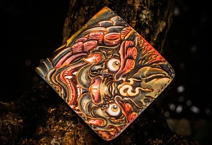 Handmade Leather Chinese Lion Tooled Mens Small Wallet Cool Leather Wallet billfold Wallet for Men