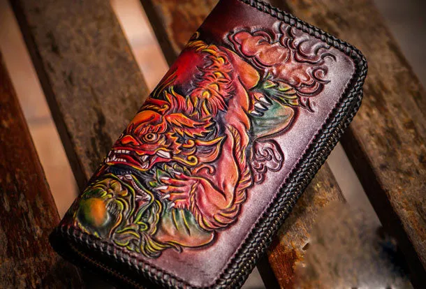 Handmade leather Chinese Lion zip wallet long wallet clutch leather men phone