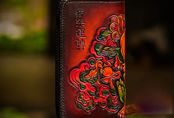 Handmade leather Chinese Lion zip wallet long wallet clutch leather men phone