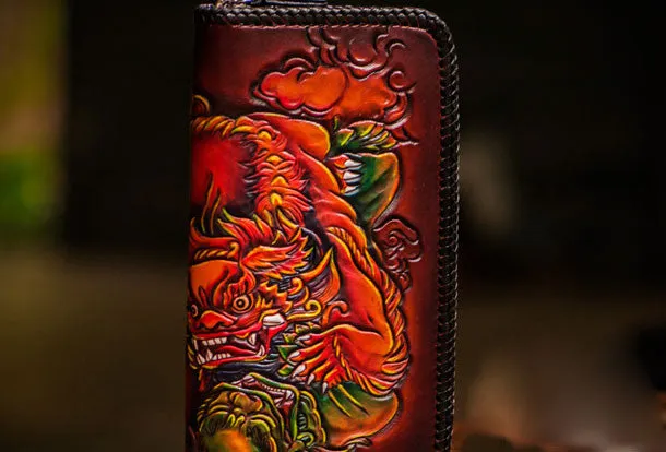 Handmade leather Chinese Lion zip wallet long wallet clutch leather men phone