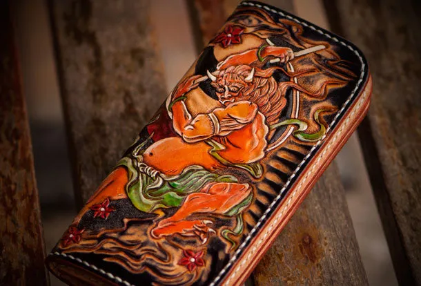 Handmade leather Chinese Taranis biker wallet long wallet black leather men phone