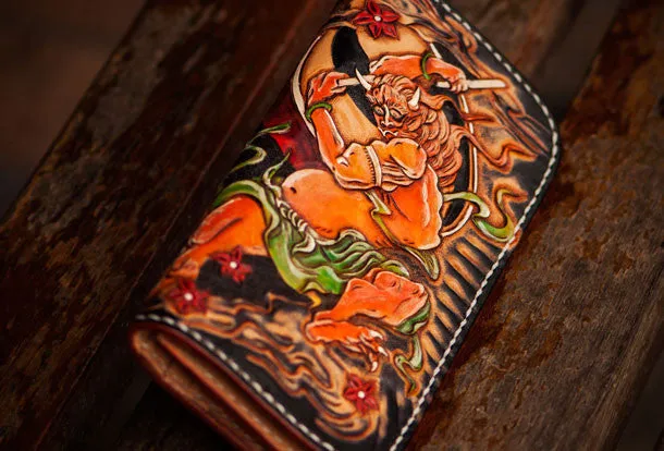 Handmade leather Chinese Taranis biker wallet long wallet black leather men phone