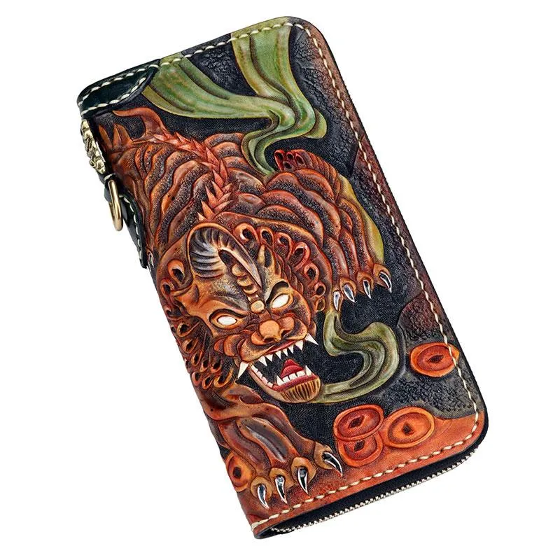 Handmade Leather Fortune Pixiu Mens Chain Biker Wallet Cool Leather Wallet With Chain Wallets for Men