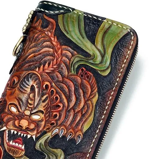 Handmade Leather Fortune Pixiu Mens Chain Biker Wallet Cool Leather Wallet With Chain Wallets for Men