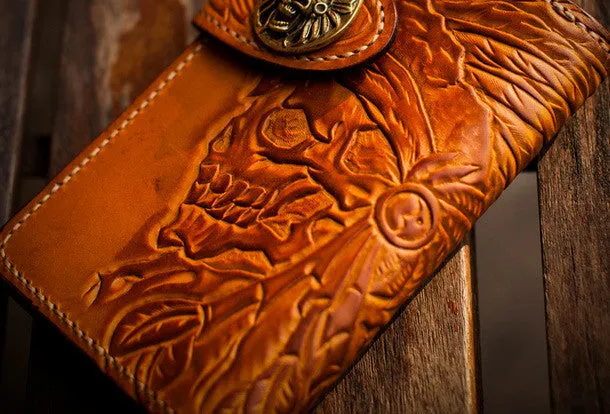 Handmade leather indian chief skull brown coffee carved biker wallet trucker billfold wallet for men