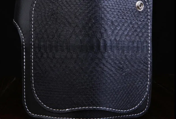 Handmade leather Long biker trucker wallet leather chain men snake skin black wallet