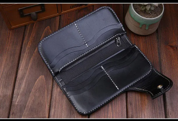 Handmade leather Long biker trucker wallet leather chain men snake skin black wallet