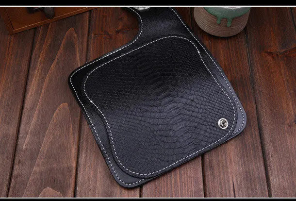 Handmade leather Long biker trucker wallet leather chain men snake skin black wallet