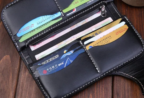 Handmade leather Long biker trucker wallet leather chain men snake skin black wallet