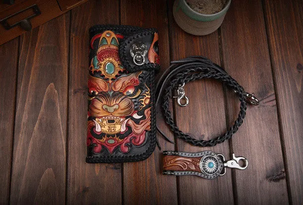 Handmade leather Long Black biker trucker wallet leather chain men monster Carved Tooled wallet