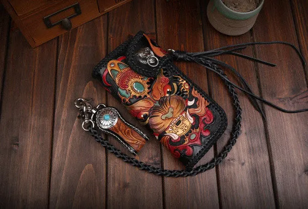 Handmade leather Long Black biker trucker wallet leather chain men monster Carved Tooled wallet