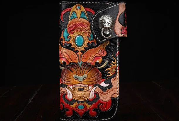 Handmade leather Long Black biker trucker wallet leather chain men monster Carved Tooled wallet
