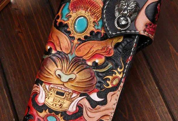 Handmade leather Long Black biker trucker wallet leather chain men monster Carved Tooled wallet