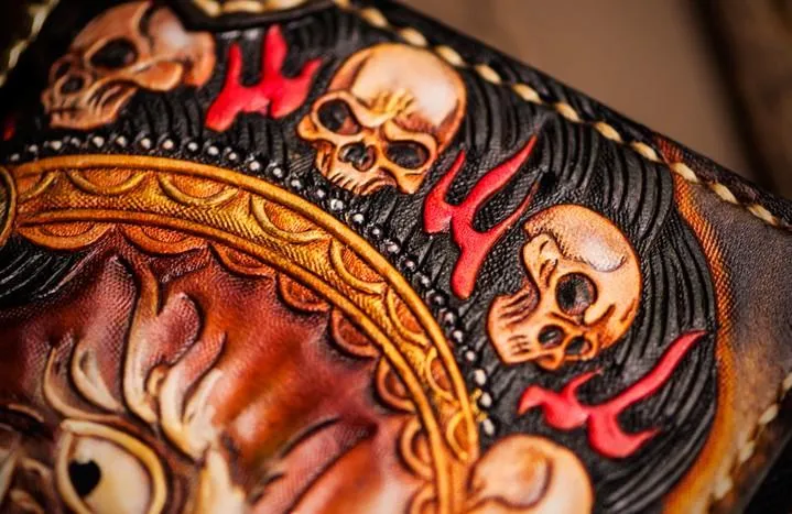Handmade Leather Mah??k??la Mens Tooled Chain Biker Wallet Cool Long Leather Wallet With Chain Wallets for Men