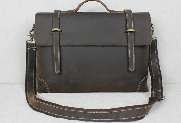 Handmade leather men Briefcase messenger coffee brown shoulder laptop 14 inch bag vintage bag