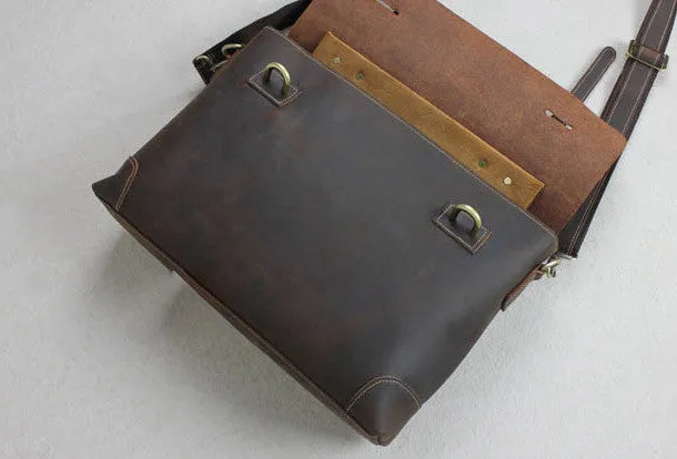Handmade leather men Briefcase messenger coffee brown shoulder laptop 14 inch bag vintage bag