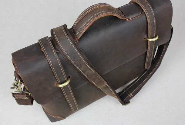 Handmade leather men Briefcase messenger coffee brown shoulder laptop 14 inch bag vintage bag