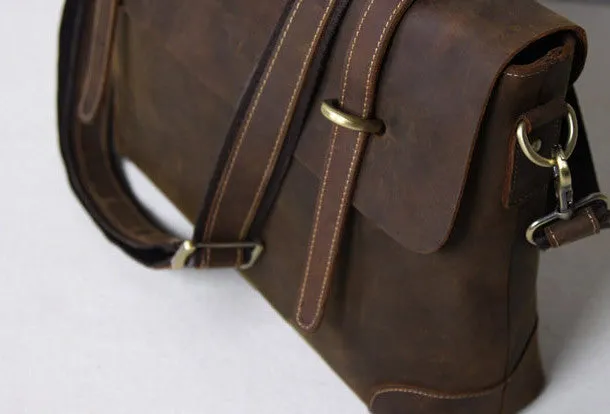 Handmade leather men Briefcase messenger coffee brown shoulder laptop 14 inch bag vintage bag
