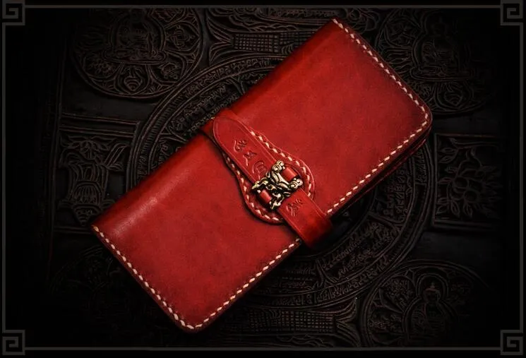 Handmade Leather Men Tooled Chinese Lion Cool Leather Wallet Long Phone Wallets for Men