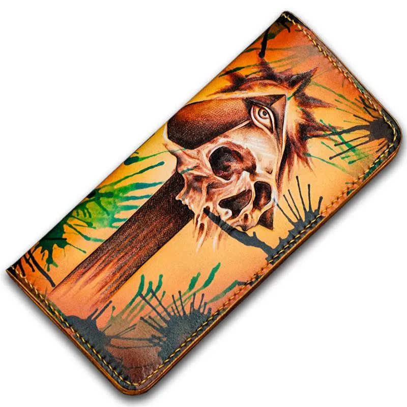 Handmade Leather Men Tooled Skull Cool Leather Wallet Long Phone Wallets for Men