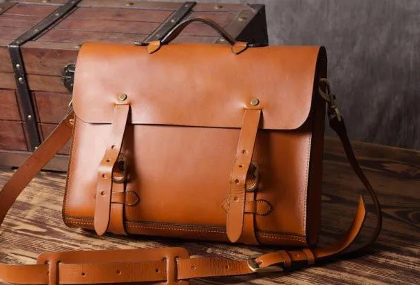 Handmade leather mens Briefcases messenger bags vintage Shoulder Briefcases laptops