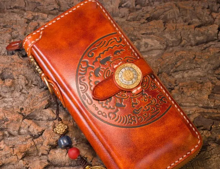 Handmade Leather Mens Chain Biker Wallet Cool Leather Wallet Long Phone Wallets for Men