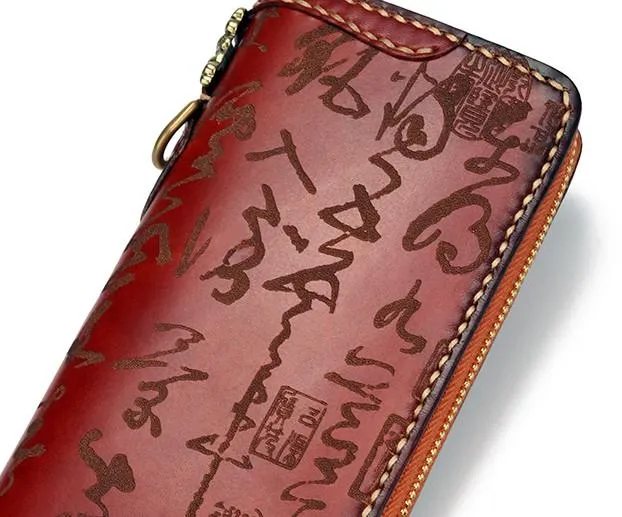 Handmade Leather Mens Chinese Handwriting Biker Chain Wallet Cool Leather Wallet Long Wallets for Men