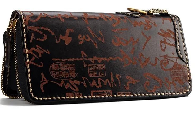 Handmade Leather Mens Chinese Handwriting Biker Chain Wallet Cool Leather Wallet Long Wallets for Men