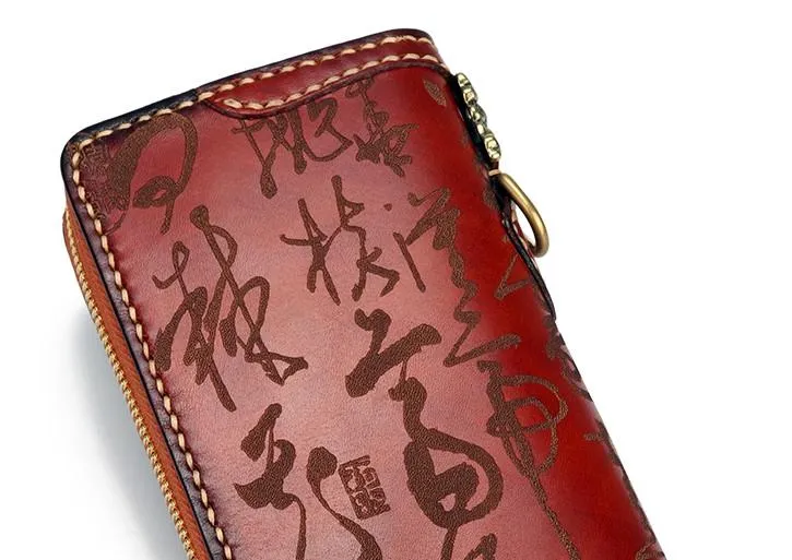 Handmade Leather Mens Chinese Handwriting Biker Chain Wallet Cool Leather Wallet Long Wallets for Men