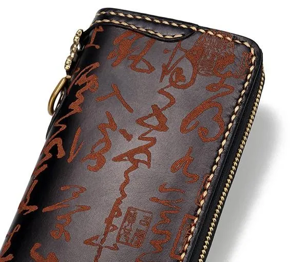 Handmade Leather Mens Chinese Handwriting Biker Chain Wallet Cool Leather Wallet Long Wallets for Men