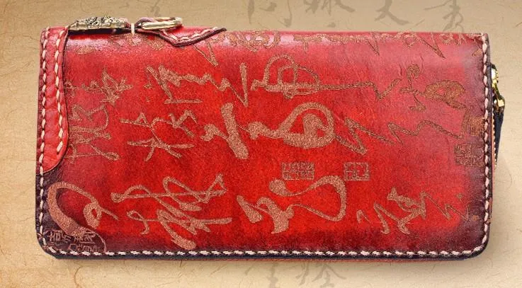 Handmade Leather Mens Chinese Handwriting Chain Biker Wallet Cool Leather Wallet Long Phone Wallets for Men