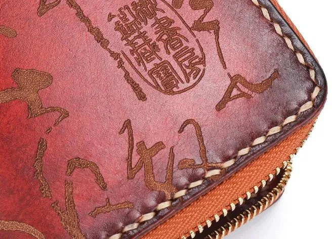 Handmade Leather Mens Chinese Handwriting Chain Biker Wallet Cool Leather Wallet Long Phone Wallets for Men