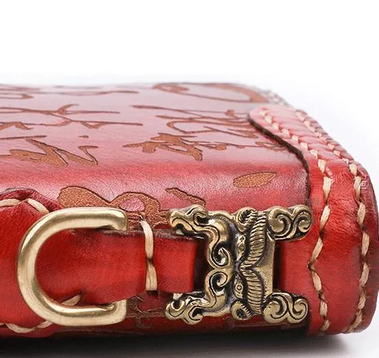 Handmade Leather Mens Chinese Handwriting Chain Biker Wallet Cool Leather Wallet Long Phone Wallets for Men