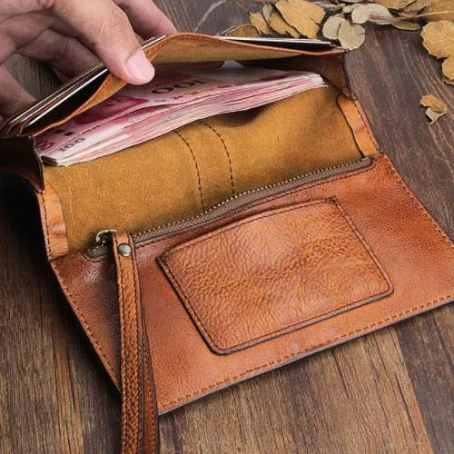 Handmade Leather Mens Cool Long Leather Wallet Bifold Clutch Wallet for Men