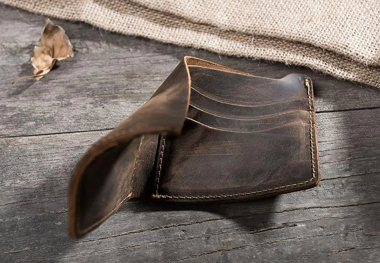 Handmade Leather Mens Cool Slim Leather Wallet Men Small billfold Wallets Bifold for Men