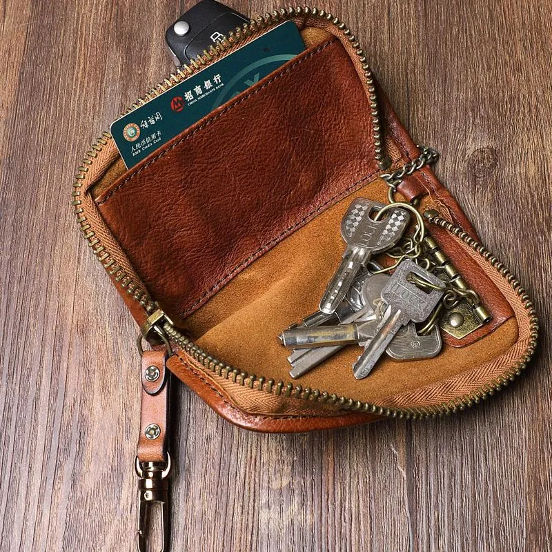 Handmade Leather Mens Small Brown Key Wallet Key Holder Black Car Key Case for Men