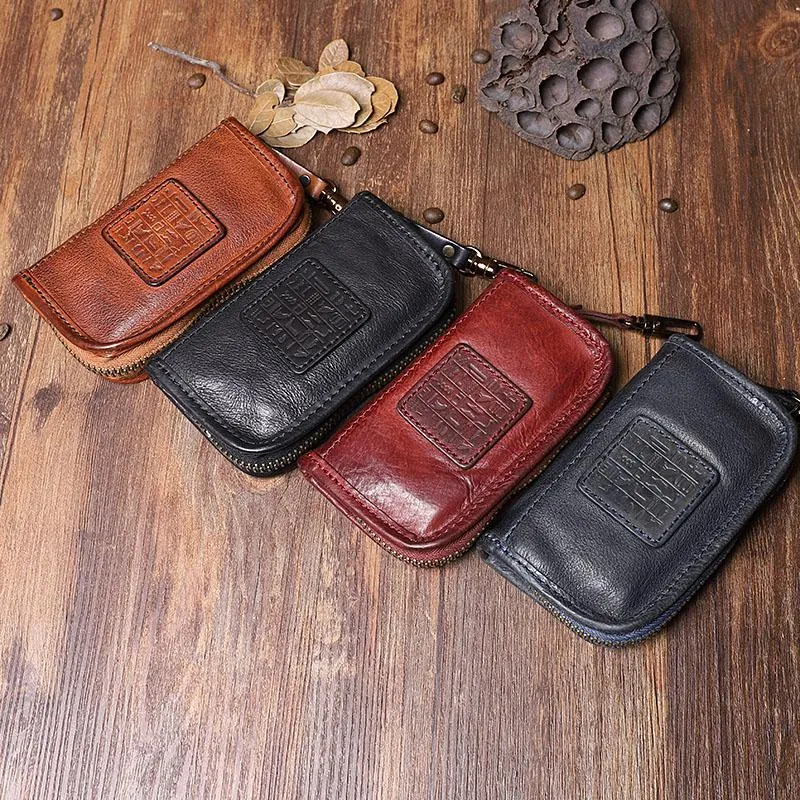 Handmade Leather Mens Small Brown Key Wallet Key Holder Black Car Key Case for Men