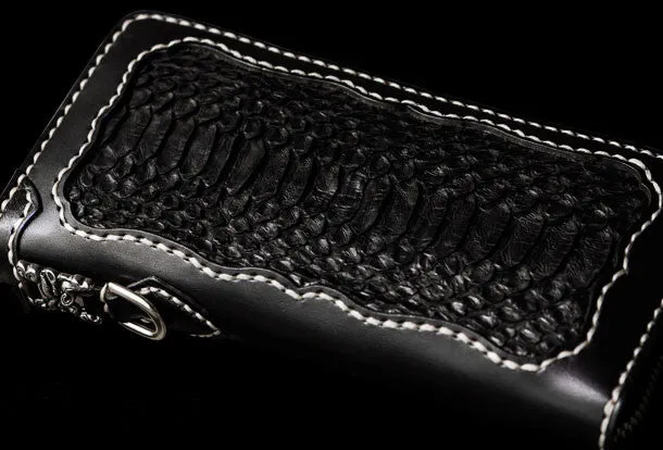 Handmade leather raw python skin biker wallet long wallet black leather chain wallet for men