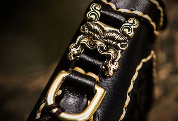 Handmade leather raw python skin biker wallet long wallet black leather chain wallet for men