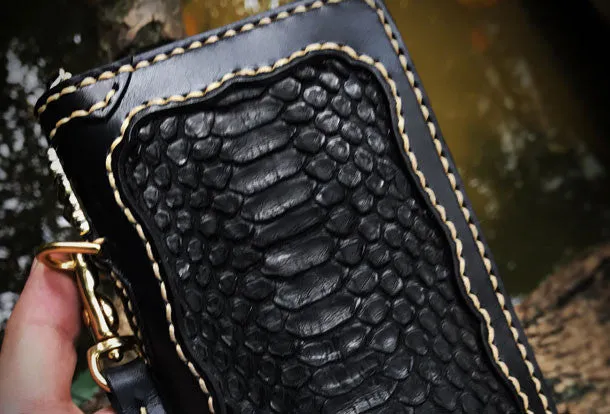 Handmade leather raw python skin biker wallet long wallet black leather chain wallet for men