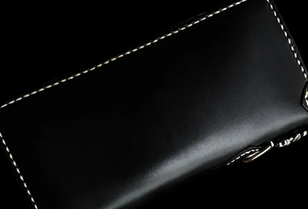 Handmade leather raw python skin biker wallet long wallet black leather chain wallet for men