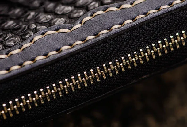 Handmade leather raw python skin biker wallet long wallet black leather chain wallet for men
