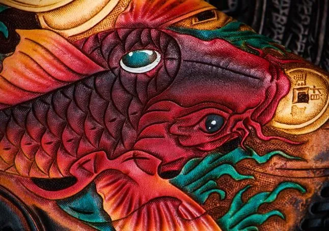 Handmade Leather Tooled Carp Mens Chain Biker Wallet Cool Leather Wallet Long Phone Wallets for Men