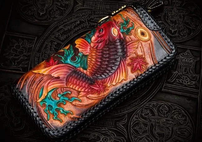 Handmade Leather Tooled Carp Mens Chain Biker Wallet Cool Leather Wallet Long Phone Wallets for Men
