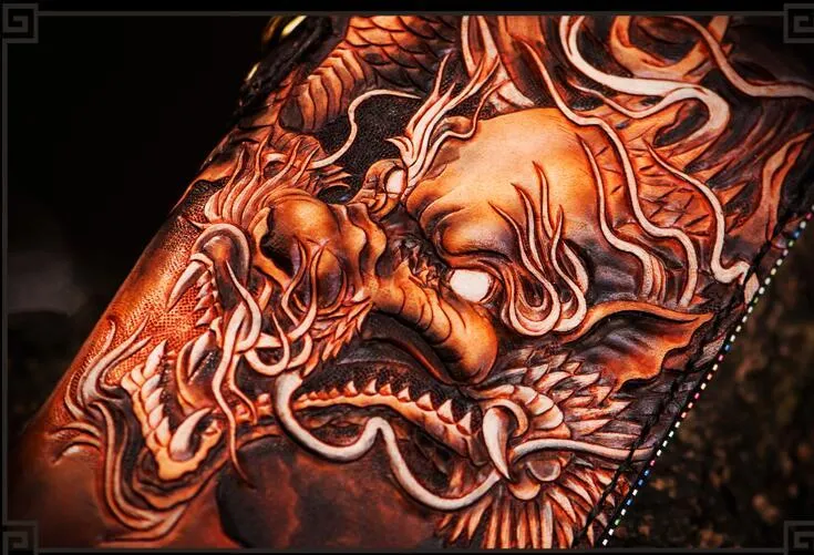 Handmade Leather Tooled Chinese Dragon Mens Chain Biker Wallet Cool Leather Wallet Long Phone Wallets for Men