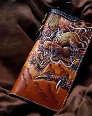 Handmade Leather Tooled Chinese Dragon Tiger Mens Chain Biker Wallet Cool Leather Wallet Zipper Long Phone Wallets for Men